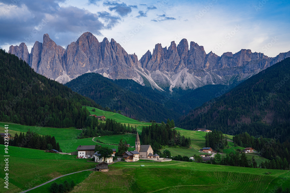 Sunset view of the Val di Funes, Dolomites, Italy. Sunset view of the Val di Funes, Dolomites, Italy.