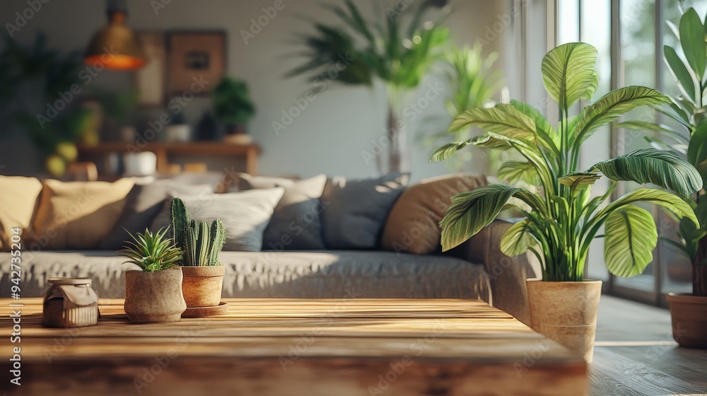 Fototapeta premium A welcoming living room features a comfortable sofa adorned with pillows. Sunlight streams in, highlighting green plants on a wooden table, enhancing the serene ambiance