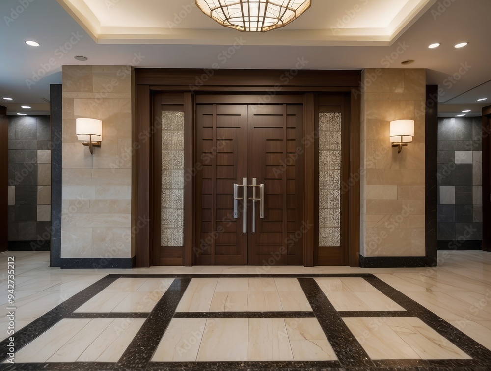 Modern Double Doors with Ornate Glass Panels and Marble Flooring Modern Double Doors with Ornate Glass Panels and Marble Flooring