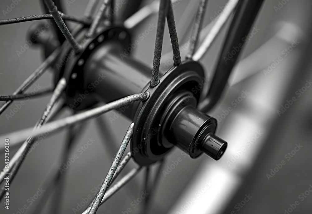 Fototapeta premium A close-up of a bicycle wheel hub with a metallic hub and spokes