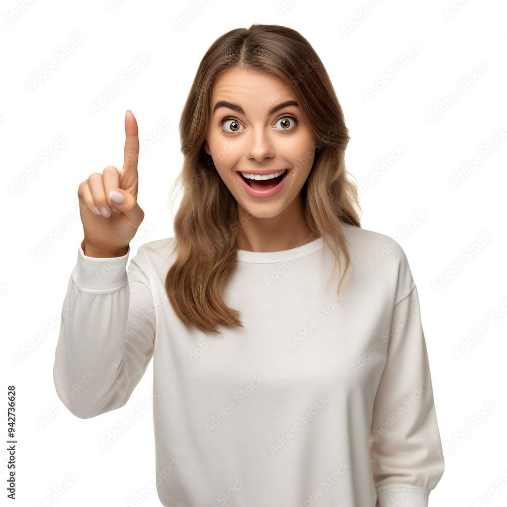 Smiling woman in white sweater pointing up with excited expression, capturing a joyful moment of inspiration and positive energy PNG Icon on transparent background Smiling woman in white sweater pointing up with excited expression, capturing a joyful moment of inspiration and positive energy PNG Icon on transparent background