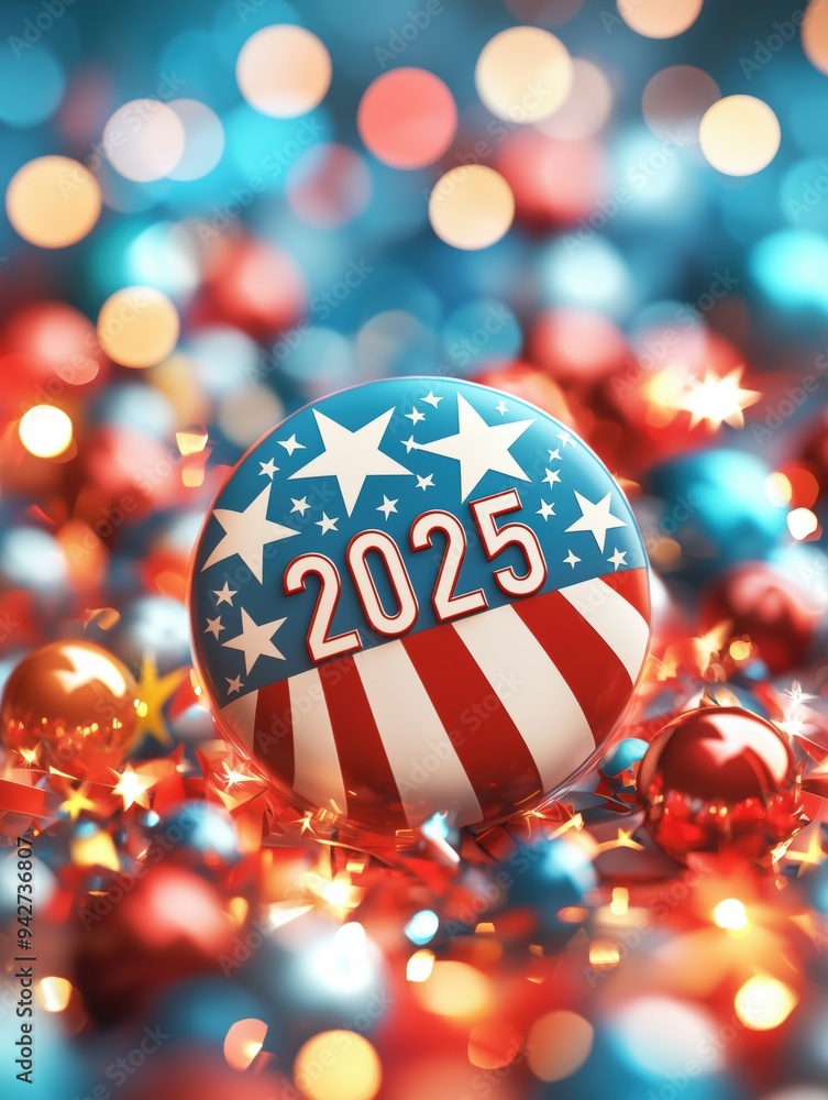 Patriotic 2025 New Year Badge - 3D Stars & Stripes Design with Festive Fireworks Reflection | Vibrant Celebration Scene for Stock Image Patriotic 2025 New Year Badge - 3D Stars & Stripes Design with Festive Fireworks Reflection | Vibrant Celebration Scene for Stock Image