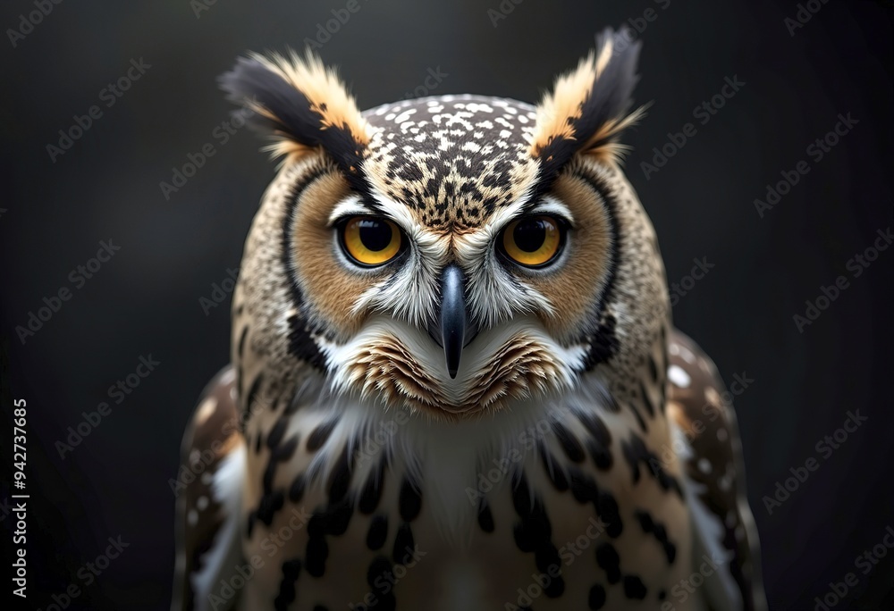 A close-up portrait of a brown and white spotted owl with intense yellow eyes and a sharp beak, against a dark background A close-up portrait of a brown and white spotted owl with intense yellow eyes and a sharp beak, against a dark background