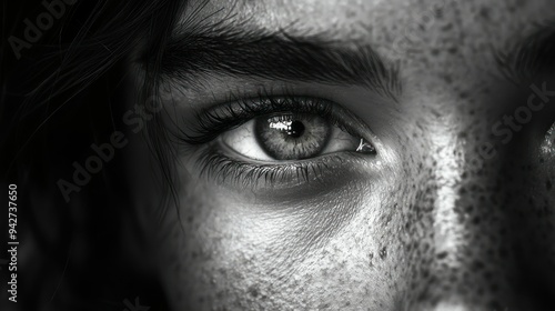 Close-up of a Woman's Eye with Freckles and Long Eyelashes