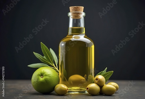 A glass bottle filled with olive oil, surrounded by fresh olives and a lime on a dark background