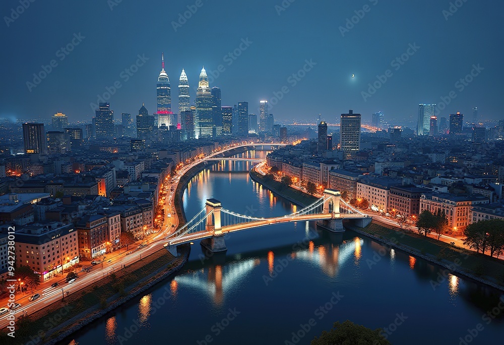 Obraz premium A nighttime aerial view of a large, densely populated city with many high-rise buildings, bridges, and waterways