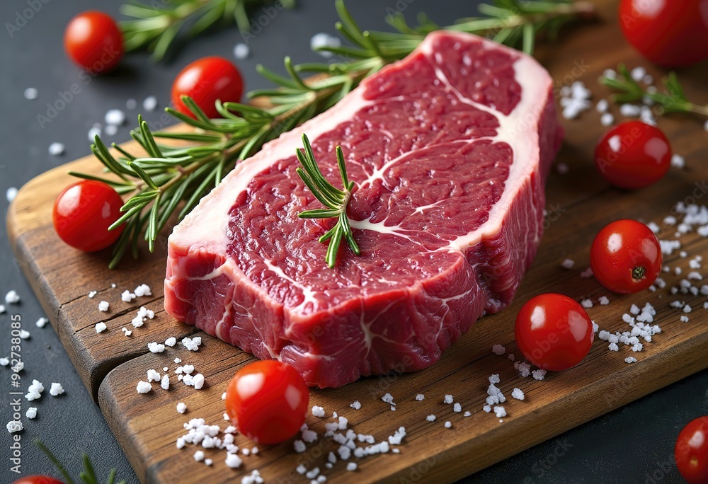 A raw beef steak on a wooden cutting board, garnished with rosemary sprigs and accompanied by cherry tomatoes and sea salt A raw beef steak on a wooden cutting board, garnished with rosemary sprigs and accompanied by cherry tomatoes and sea salt