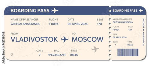 plane ticket, flight ticket with blue elements,  blue and beige Airplane ticket design