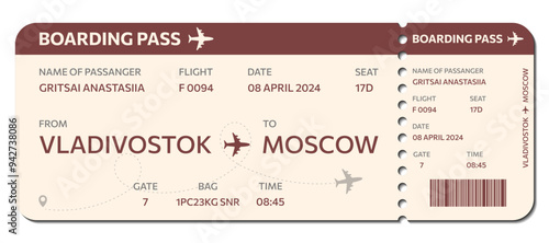 plane ticket, flight ticket with red elements,  Red and beige Airplane ticket design