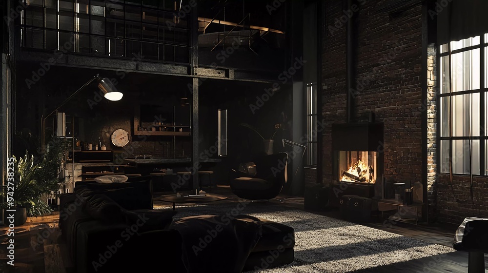 Dark living room loft with fireplace, industrial style, 3d render, the beautiful one Dark living room loft with fireplace, industrial style, 3d render, the beautiful one