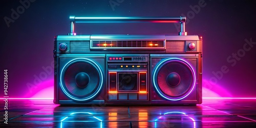 render of a retro boombox with neon lights, perfect for a vintage 80s music vibe