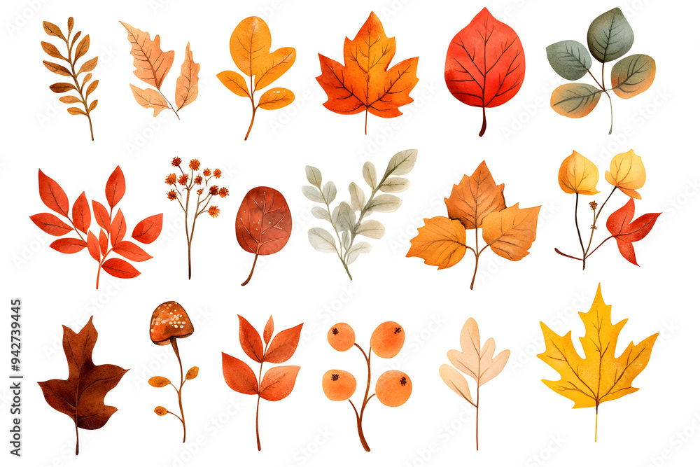 Obraz premium Watercolor autumn yellow leaves and plants collection isolated on white background