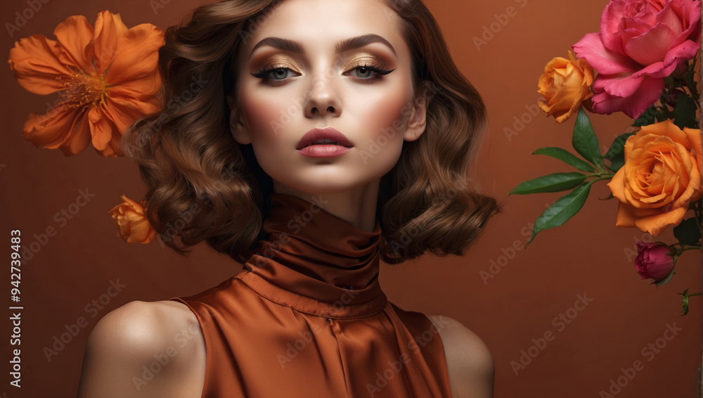 editorial model with natural make up style, flawless, modern makeup brand branding, in simple soft brown background editorial model with natural make up style, flawless, modern makeup brand branding, in simple soft brown background
