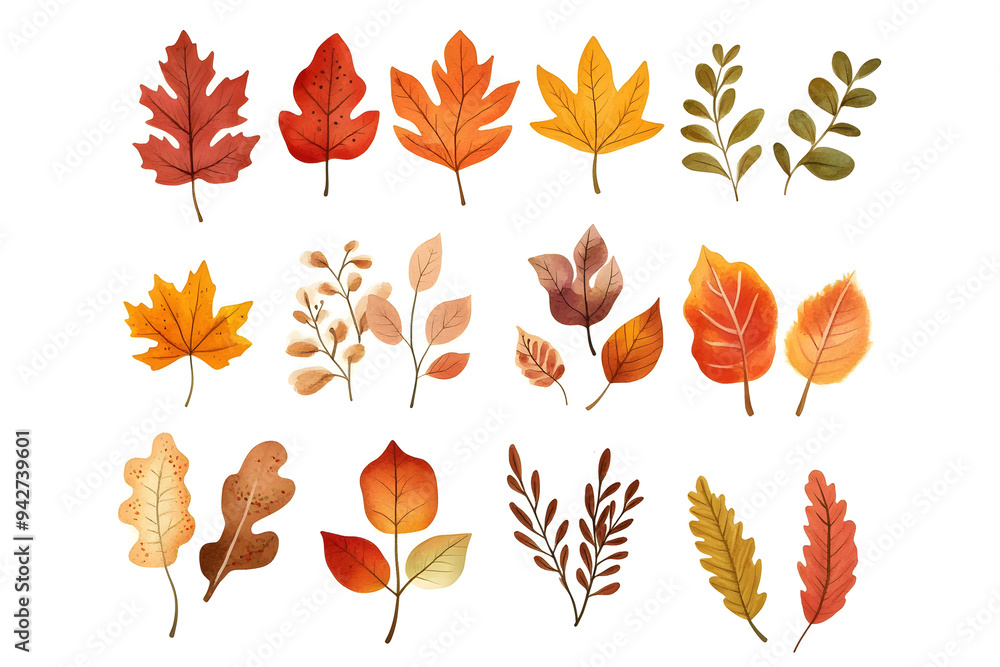 Fototapeta premium Watercolor autumn yellow leaves and plants collection isolated on white background
