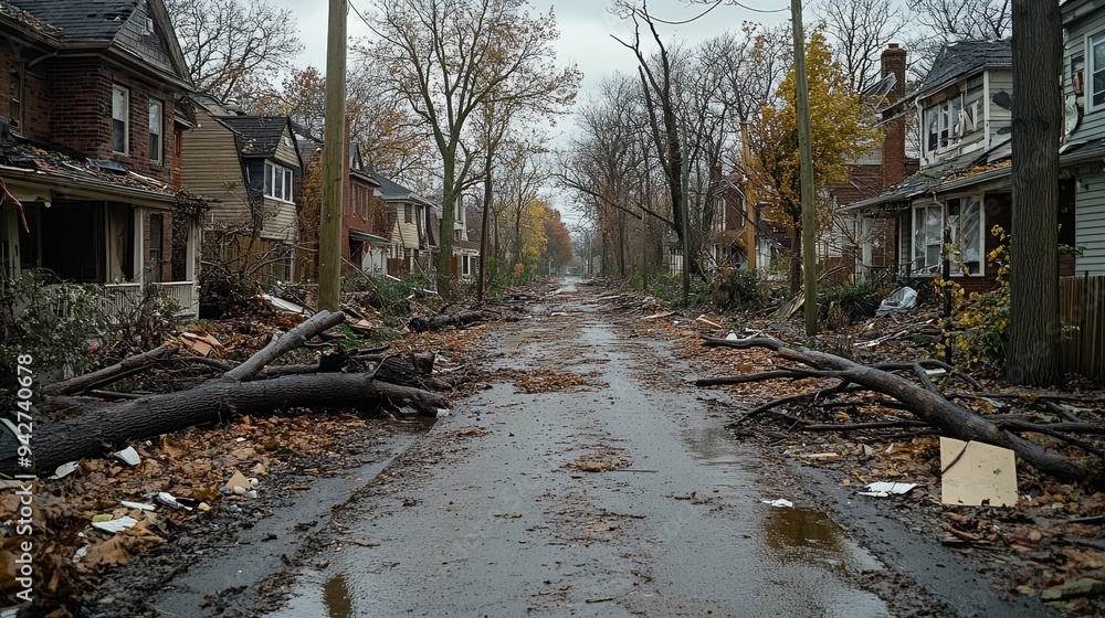 custom made wallpaper toronto digitalPost-storm neighborhood scene, fallen trees blocking a once peaceful street, with glimpses of damaged houses through the thick debris, eerie stillness