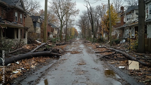 Wallpaper Mural Post-storm neighborhood scene, fallen trees blocking a once peaceful street, with glimpses of damaged houses through the thick debris, eerie stillness Torontodigital.ca
