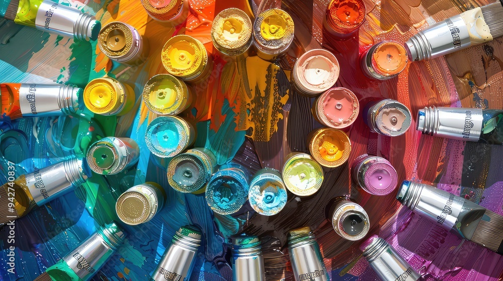 Close-up view of an artist's palette with paint tubes in different colors, showing the creative process of mixing paints. Close-up view of an artist's palette with paint tubes in different colors, showing the creative process of mixing paints.