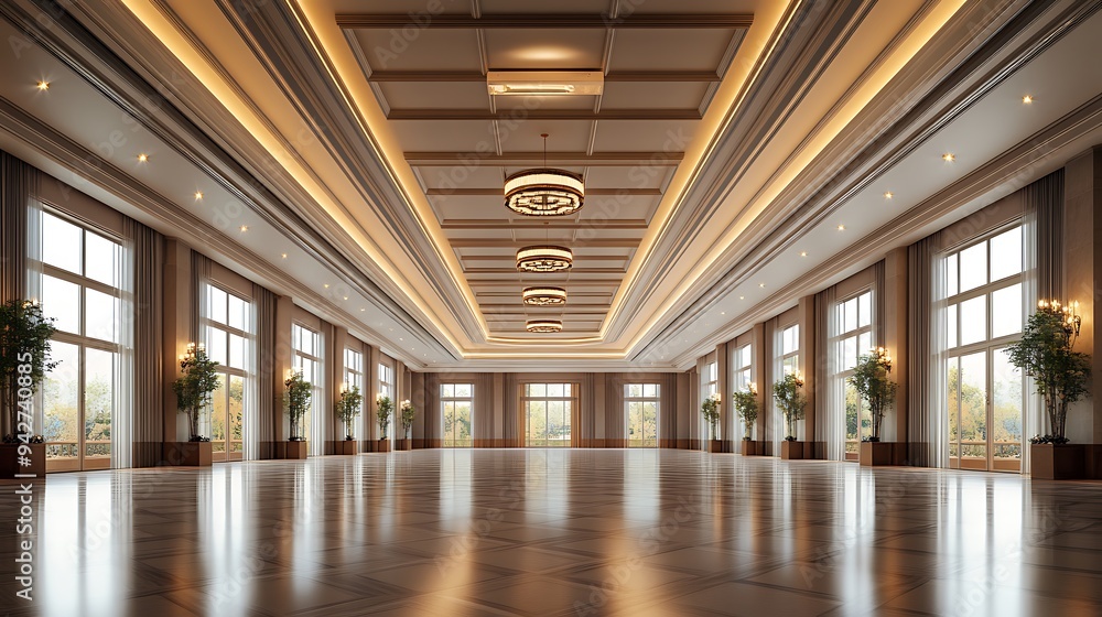 Elegant Empty Event Hall with Expansive Floor Plan, High-End Ceiling Fixtures, and Sophisticated Decor Elegant Empty Event Hall with Expansive Floor Plan, High-End Ceiling Fixtures, and Sophisticated Decor