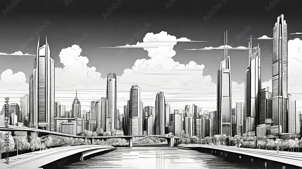 A detailed line art illustration of a modern city skyline, featuring ...