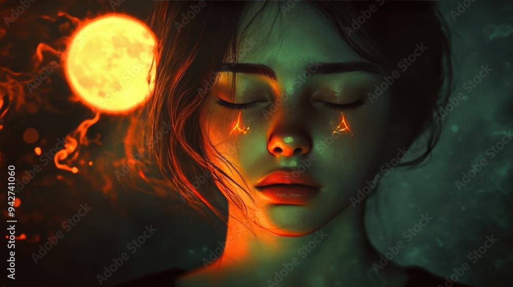 In a dark night, full body shot, illuminated only by the moon, a young woman has downcast eyes, drooping eyebrows, closed mouth, chin may tremble slightly indicating she is trying to hold back tears. In a dark night, full body shot, illuminated only by the moon, a young woman has downcast eyes, drooping eyebrows, closed mouth, chin may tremble slightly indicating she is trying to hold back tears.
