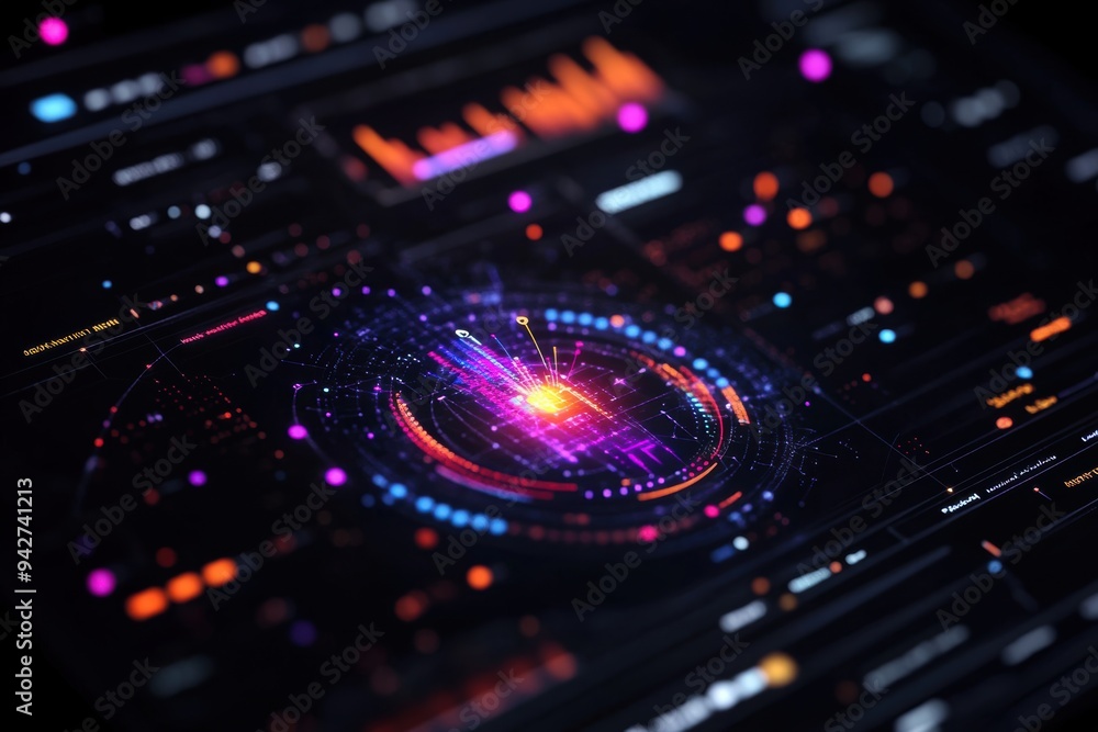 An interactive 3D graph features rotating axes and pulsating data distribution, set within a tech-themed design. An interactive 3D graph features rotating axes and pulsating data distribution, set within a tech-themed design.