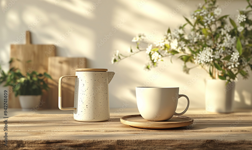 Modern kitchen. Interior of a modern kitchen surface with shelves. Vase with flowers, blooming branches of spring trees. Jars with cereals and spices. Banner. Copy space.Empty wall. Modern kitchen. Interior of a modern kitchen surface with shelves. Vase with flowers, blooming branches of spring trees. Jars with cereals and spices. Banner. Copy space.Empty wall.