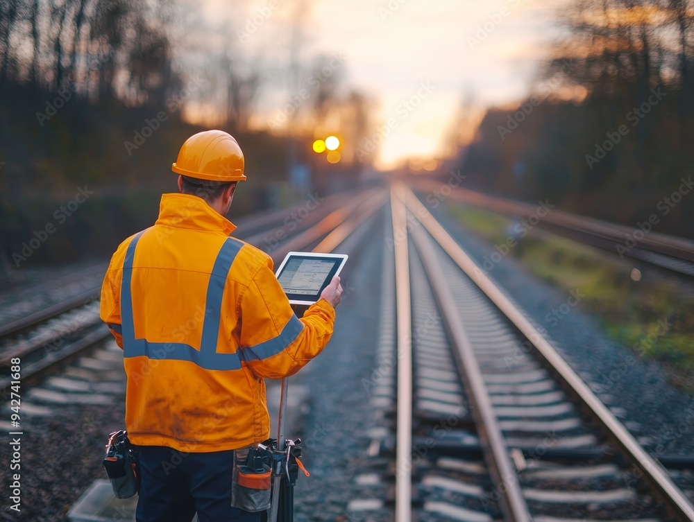 Obraz premium Railway maintenance crew utilizing digital tablet for track inspection and monitoring tasks