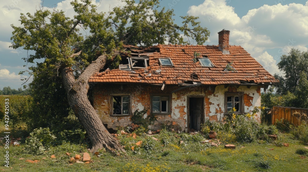 Small rural house buried under a massive fallen tree, destruction in every detail, from shattered windows to uprooted plants, chaos all around Small rural house buried under a massive fallen tree, destruction in every detail, from shattered windows to uprooted plants, chaos all around