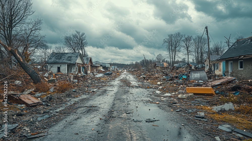 Small rural town after a natural disaster, fallen trees and scattered debris damaging homes, cloudy sky above, a somber and desolate atmosphere Small rural town after a natural disaster, fallen trees and scattered debris damaging homes, cloudy sky above, a somber and desolate atmosphere