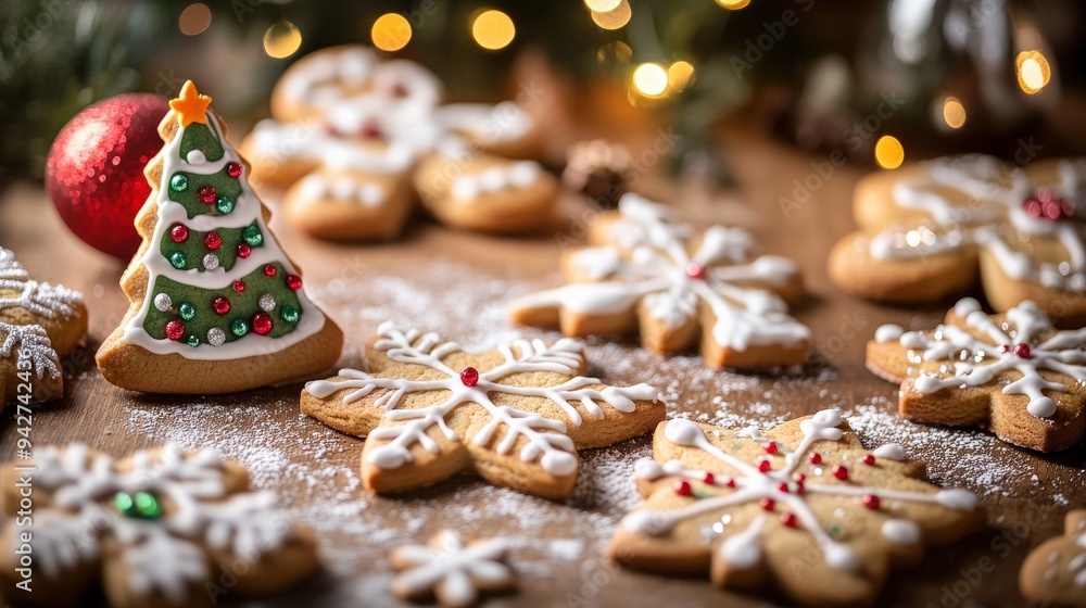 Delightful holiday baking creates a warm atmosphere with beautifully decorated cookies shaped like snowflakes and a small Christmas tree among festive decorations Delightful holiday baking creates a warm atmosphere with beautifully decorated cookies shaped like snowflakes and a small Christmas tree among festive decorations