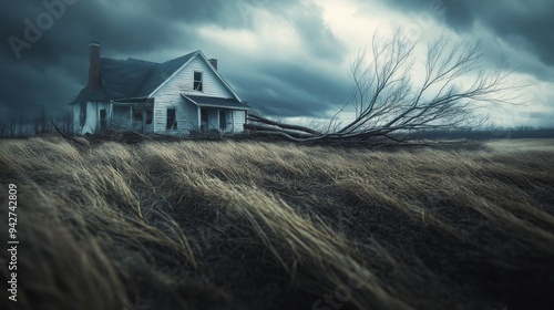 Suburban home destroyed by fallen trees, the roof caved in and windows shattered, in a dystopian digital painting, sharp contrast with gloomy, desaturated colors. photo