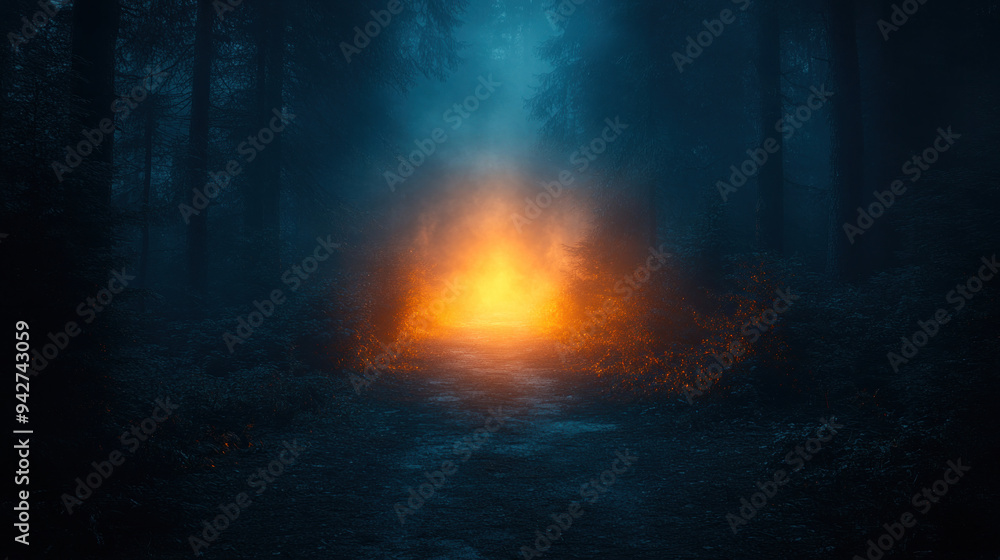 A dark forest path illuminated by a single, eerie light, with shadows of creatures lurking in the fog, perfect for a Halloween setting. A dark forest path illuminated by a single, eerie light, with shadows of creatures lurking in the fog, perfect for a Halloween setting.