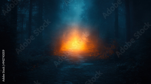 A dark forest path illuminated by a single, eerie light, with shadows of creatures lurking in the fog, perfect for a Halloween setting.