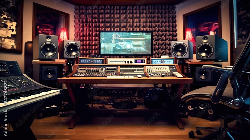 Fototapeta premium Modern Music Record Studio Control Desk with Computer Screen. Equalizer, Mixer and other Professional Equipment.