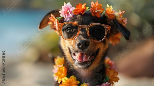 Happy Smile Puppy Dog Wear Sunglasses with Summer Season photo