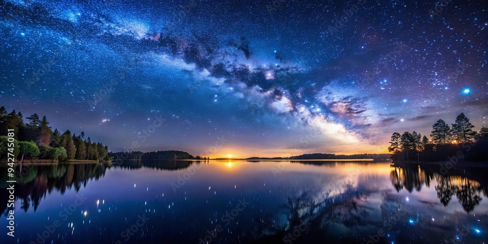 Tranquil night scene with a calm lake reflecting starry sky Tranquil night scene with a calm lake reflecting starry sky