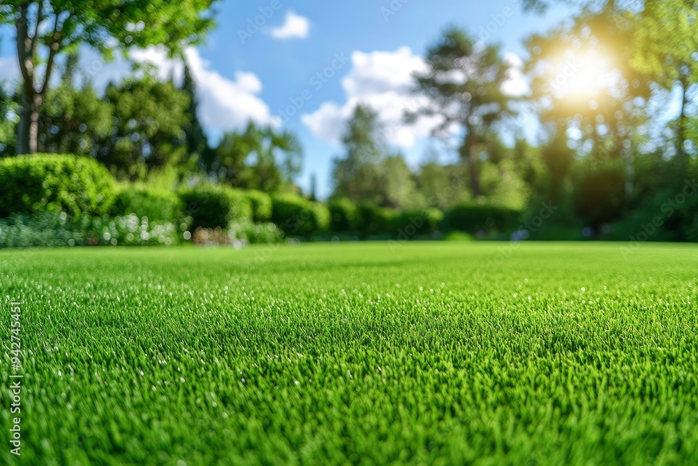 Landscape green lawn on the morning with Blue sky on the background. smooth lawn with curve form of bush, trees on the background under morning sunlight , ai Landscape green lawn on the morning with Blue sky on the background. smooth lawn with curve form of bush, trees on the background under morning sunlight , ai