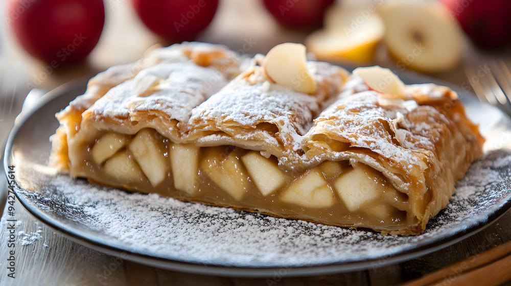 Traditional Austrian apple strudel pastry dessert served on wooden board Traditional Austrian apple strudel pastry dessert served on wooden board