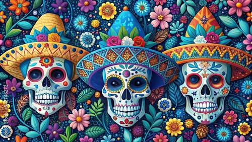 Colorful artwork of skeletons in blue hats surrounded by vibrant floral pattern for Mexican Day of the Dead celebration