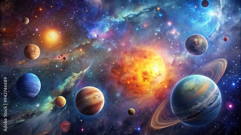 A mesmerizing image of a celestial symphony featuring planets and nebulae in the vast cosmos A mesmerizing image of a celestial symphony featuring planets and nebulae in the vast cosmos