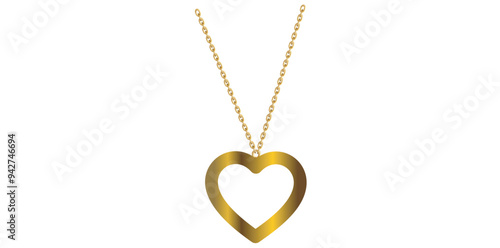 Heart Shape Gold Necklace Isolated On White Background, Trendy Fashion Jewelry Vector Illustration.	