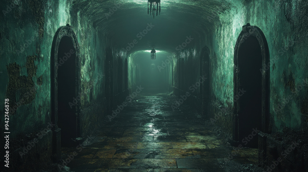 Obraz premium A forgotten underground bunker with flickering lights and long shadows, creating an atmosphere of claustrophobic horror.