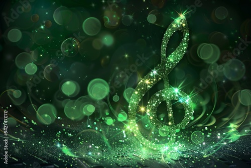 Vibrant green music note surrounded by stars and sparkles on a black background with glowing effects