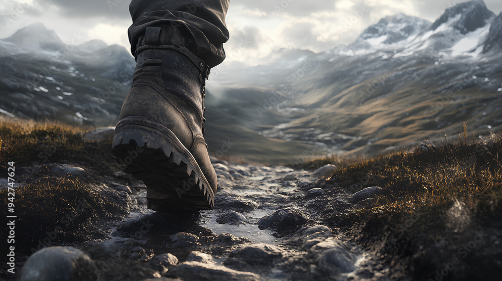 Rugged Trail in Mountainous Landscape with Single Booted Foot Stepping Forward
Rugged Trail in Mountainous Landscape with Single Booted Foot Stepping Forward