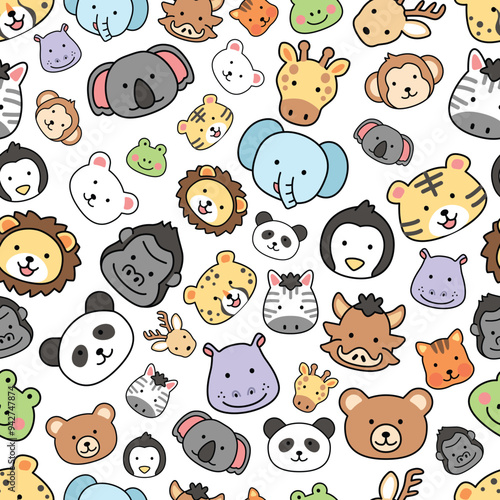 Seamless pattern zoo wild animals icon cute characters illustration outline kiddy happy cheerful kawaii japanese style decorative elements wallpaper background