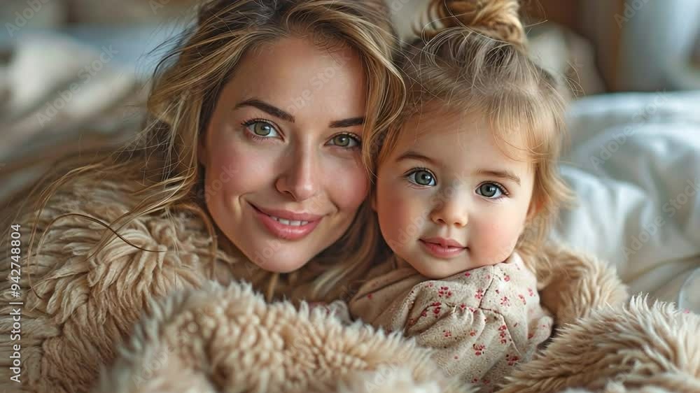 PJ-clad mother cuddling up in bed with her young daughter, enjoying weekend relaxation and bedtime playtime, PJ-clad mother cuddling up in bed with her young daughter, enjoying weekend relaxation and bedtime playtime,