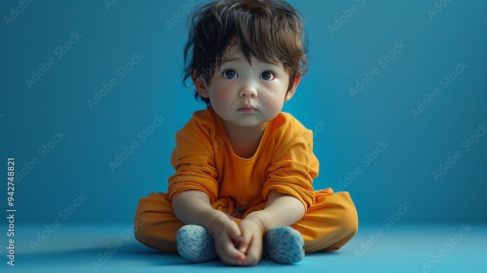 Naklejka premium Image of Asian Child Posing on Blue Background 8K