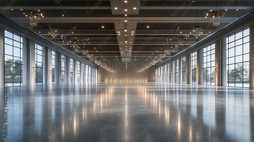 Grand Empty Event Hall with High Gloss Floors, Elegant Ceiling Features, and Open Plan Layout for Upscale Gatherings Grand Empty Event Hall with High Gloss Floors, Elegant Ceiling Features, and Open Plan Layout for Upscale Gatherings