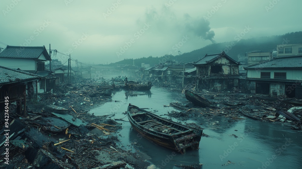 A calm coastal town devastated by a tsunami, crumbled buildings, shattered boats, and scattered wreckage under a hauntingly calm sky A calm coastal town devastated by a tsunami, crumbled buildings, shattered boats, and scattered wreckage under a hauntingly calm sky