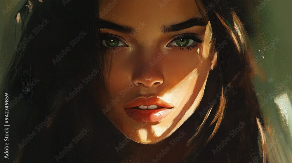 Close-up Portrait of a Woman with Long Black Hair and Green Eyes Close-up Portrait of a Woman with Long Black Hair and Green Eyes